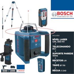 Nível Laser Rotativo Bosch GRL 300 HV + Recetor LR1 + Tripé BT 170 + Régua GR 240 + Telecomando RC1 (061599405U)