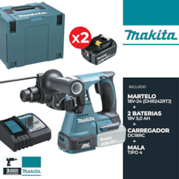 Martelo Perfurador Makita 18V-24 + 2 Baterias 18V 5.0 Ah + Carregador + Mala (DHR242RTJ)