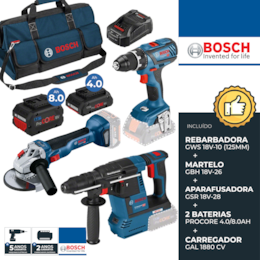 Kit Bosch Profissional Aparafusadora GSR 18V-28 + Rebarbadora GWS 18V-10 125MM + Martelo Perfurador GBH 18V-26 + 2 Baterias 4.0/8.0Ah + Carregador + Mala Lona (0615990M3C)