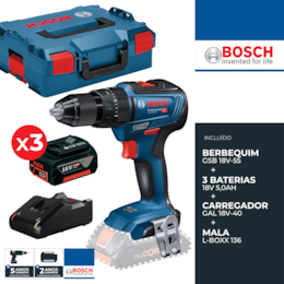 Berbequim c/ Percussão Bosch Profissional GSB 18V-55 + 3 Baterias 5,0Ah + 1 Carregador + Mala (0615990L86)