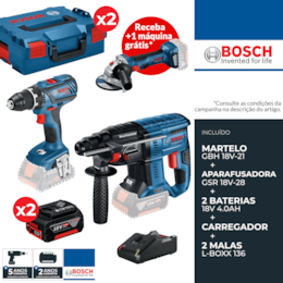 Kit Bosch Profissional Martelo GBH 18V-21 + Aparafusadora GSR 18V-28 + 2 Baterias 4.0Ah + Carregador + 2 Malas (0615990M0R)