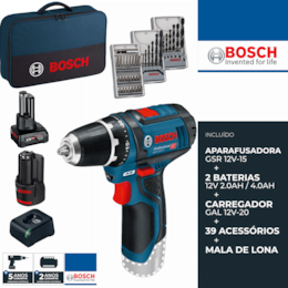 Aparafusadora Bosch Profissional GSR 12V-15 c/ 39 Acessórios + Bateria 2.0Ah + Bateria 4.0Ah + Carregador (0615990G6L)