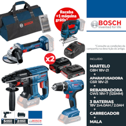 Kit Bosch Profissional Martelo GBH 18V-21 + Aparafusadora GSR 18V-21 + Rebarbadora GWS 18V-7 125MM + 3 Baterias 2x4.0Ah/2.0Ah + Carregador + Mala Lona