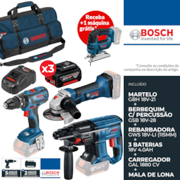 Kit Bosch Profissional Martelo GBH 18V-21 + Berbequim c/ Percussão GSB 18V-28 + Rebarbadora GWS 18V-Li 115MM + 3 Baterias 18V 4.0Ah + Carregador + Mala Lona (0615990M0U)