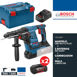 Martelo Perfurador Bosch Profissional GBH 36 V-LI Plus + 2 Baterias 36V 6.0Ah + Carregador + Mala (061190600B)