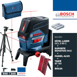 Nível Laser Combinado Bosch GCL 2-50 C + Suporte Rotativo + Tripé BT 150 + Bolsa (0601066G02)
