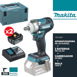 Aparafusadora Impacto Makita 18V-300 (DTW300) + 2 Baterias 5.0Ah + Carregador + Mala
