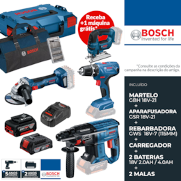 Kit Bosch Profissional Martelo GBH 18V-21 + Aparafusadora GSR 18V-21 + Rebarbadora GWS 18V-7 115MM + 2 Baterias 4.0Ah/2.0Ah + Carregador + 2 Malas