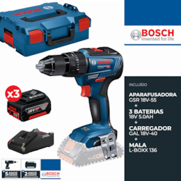Aparafusadora Bosch Profissional GSR 18V-55 + 3 Baterias 5.0Ah + Carregador + Mala (0615990L8D)