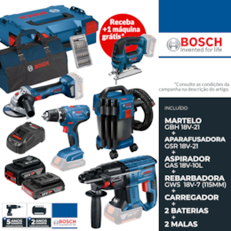 Kit Bosch Profissional Martelo GBH 18V-21 + Aparafusadora GSR 18V-21 + Rebarbadora GWS 18V-7 115MM + Aspirador GAS 18V-10 L + 2 Baterias 4.0/2.0Ah + 2 Malas