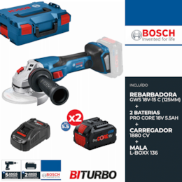 Rebarbadora Bosch Profissional GWS 18V-15 C 125MM + 2 Baterias ProCore 5.5Ah + Carregador + Mala