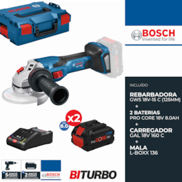 Rebarbadora Bosch Profissional GWS 18V-15 C 125MM + 2 Baterias ProCore 8.0Ah + Carregador + Mala