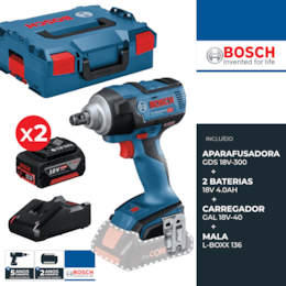 Aparafusadora de Impacto Bosch Profissional GDS 18V-300 + 2 Baterias 4.0Ah + Carregador + Mala