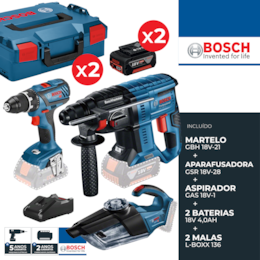 Kit Bosch Profissional Martelo GBH 18V-21 + Aparafusadora GSR 18V-28 + Aspirador GAS 18V-1 + 2 Baterias 4.0 Ah + Carregador + 2 Malas