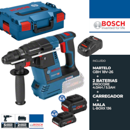 Martelo Perfurador Bosch Profissional GBH 18V-26 + 2 Baterias ProCore 4.0/5.5Ah + Carregador + Mala