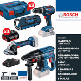 Kit Bosch Profissional Martelo GBH 18V-21 + Aparafusadora GSR 18V-55 + Rebarbadora GWS 18V-7 115MM + Rádio GPB 18V-2 C + 3 Baterias 5.0Ah + 3 Malas