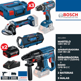 Kit Bosch Profissional Martelo GBH 18V-21 + Aparafusadora GSR 18V-28 + Rebarbadora GWS 18V-7 (125MM) + Rádio GPB 18V-2 C + 2 Baterias 4.0Ah + 3 Malas