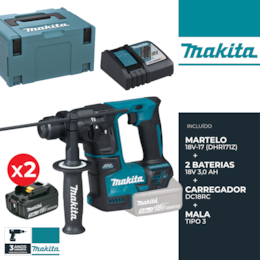 Martelo Perfurador Makita 18V-17 (DHR171Z) + 2 Baterias 18V 3.0 Ah + Carregador + Mala