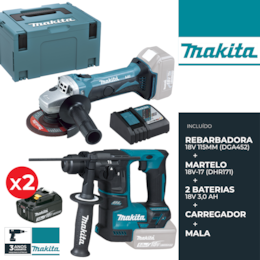Kit Makita Martelo Perfurador 18V-17 (DHR171) + Rebarbadora 18V 115MM (DGA452) + 2 Baterias 18V 3.0Ah + Mala