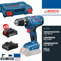 Aparafusadora Bosch Profissional GSR 18V-21 + 3 Baterias 2.0Ah + Carregador + Mala (0615990L88)