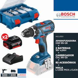 Aparafusadora Bosch Profissional GSR 18V-28 + 2 Baterias 4.0Ah + Carregador + Mala c/ 82 Acessórios (06019E610C)