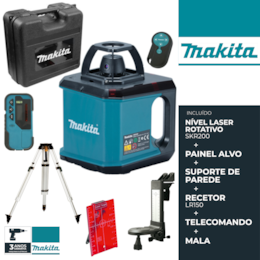Nível Laser Rotativo Makita 200M + Recetor LR150 + Painel Alvo + Telecomando + Suporte de Parede + Tripé + Mala