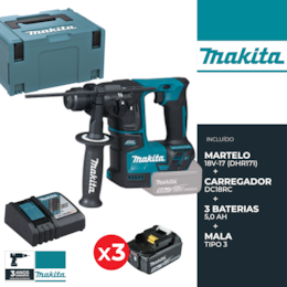 Martelo Perfurador Makita 18V (DHR171) + 3 Baterias 18V 5.0Ah + Carregador + Mala