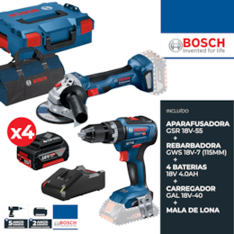 Kit Bosch Profissional Berbequim GSB 18V-55 + Rebarbadora GWS 18V-7 115MM + 4 Baterias 18V 4.0Ah + Carregador + 2 Malas 