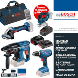 Kit Bosch Profissional Martelo GBH 18V-21 + Aparafusadora GSR 18V-21 + Rebarbadora GWS 18V-7 125MM + 2 Baterias 4.0Ah/2.0Ah + Carregador + Mala Lona