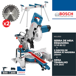 Serra de Esquadria Telescópica Bosch GCM 80 SJ + 2 Discos Optiline Wood 216MM p/ Madeira (0601B19001) + Bancada GTA 2600