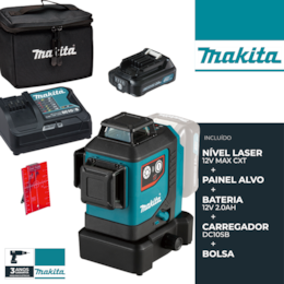Nível Laser Makita Linhas 360º 12V Max CXT (SK700D) + Bateria 12V 2.0Ah + Carregador + Painel Alvo + Bolsa 