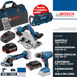 Kit Bosch Profissional Martelo GBH 18V-21 + Aparafusadora GSR 18V-21 + Serra Circular GKS 18V-57 + 2 Baterias 2.0Ah/4.0Ah + Carregador + Mala Lona