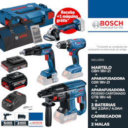 Kit Bosch Profissional Martelo GBH 18V-21 + Aparafusadora GSR 18V-21 + Aparafusadora p/ Gesso Cartonado GTB 18V-45 + 2 Baterias 2.0Ah/4.0Ah + Carregador + 2 Malas