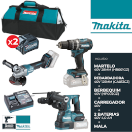 Kit Makita Martelo Combinado 40V (HR001GZ) + Rebarbadora 40V 125MM (GA013GZ) + Berbequim Combinado 40V (HP002GZ) + 2 Baterias 40V 4.0Ah + Carregador 40V + Mala