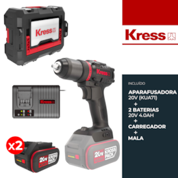 Aparafusadora Kress Profissional 20V (KUA71) + 2 Baterias 20V 4.0Ah + Carregador + Mala
