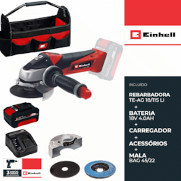 Rebarbadora Einhell TE-AG 18/115 Li + Bateria 18V 4.0Ah + Carregador + Acessórios + Mala Lona