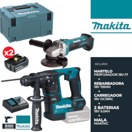 Kit Makita Martelo Perfurador 18V-17 (DHR171ZJ) + Rebarbadora 18V 115MM (DGA452) + Carregador + 2 Baterias 18V 5.0Ah + Mala 